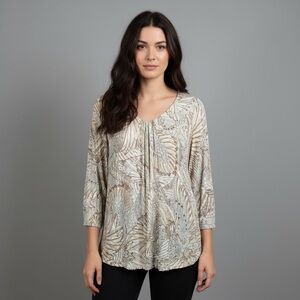 Chico's Beige and Gray Feather Patterned Blouse Size L